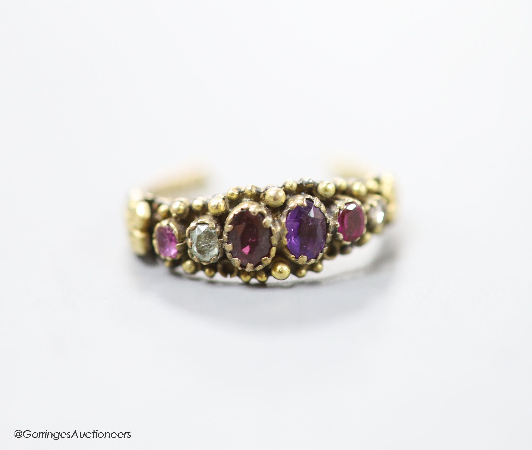 A 19th century and graduated multi gem set 'Regard' ring, (part of shank now missing)